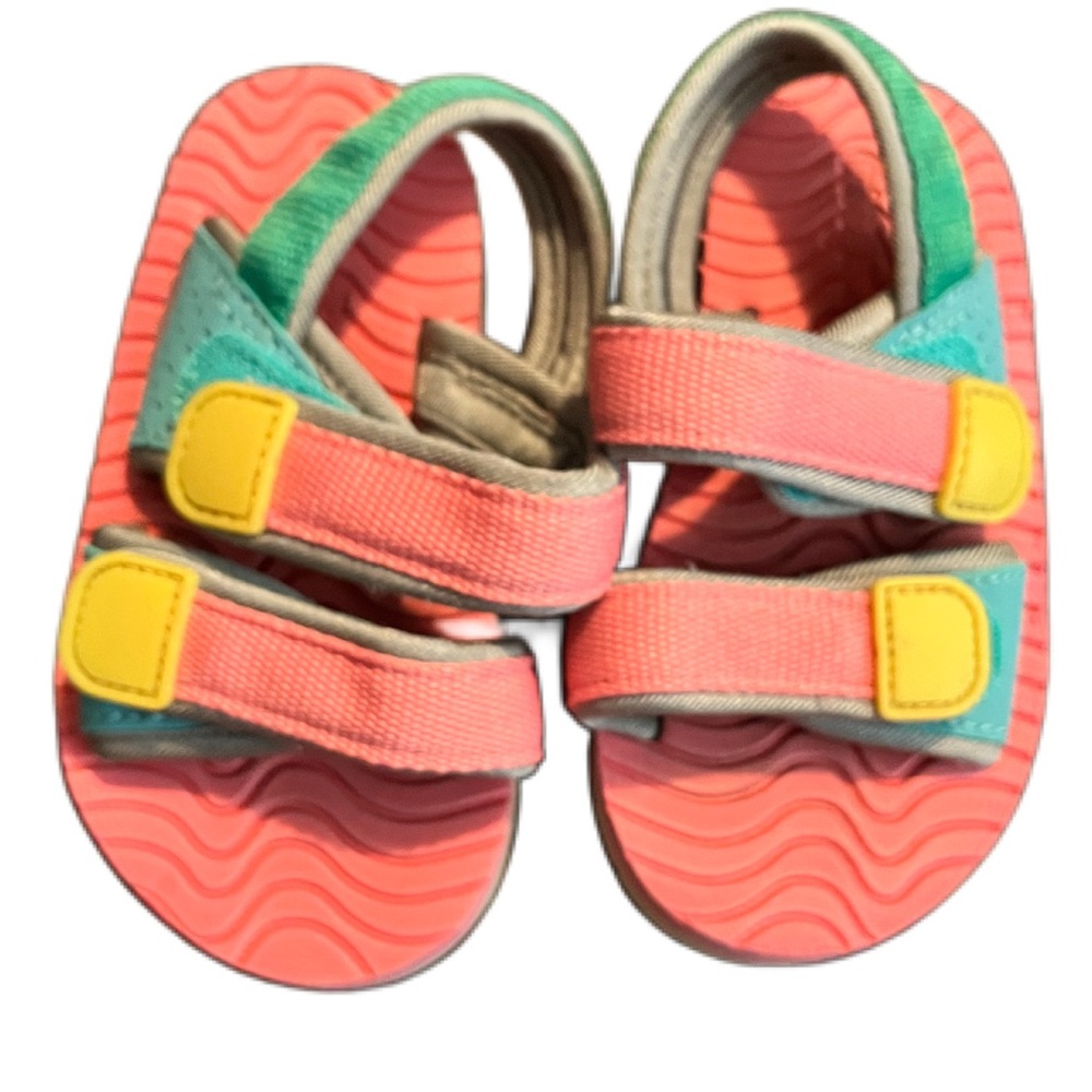 Pink and Green Sandals with Textured Sole and Velcro Straps